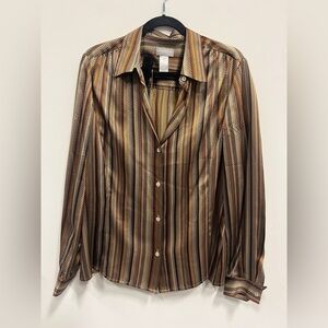 Liz Claiborne Chevron Patterned Silk Blouse earthy 100% silk boho woven pattern